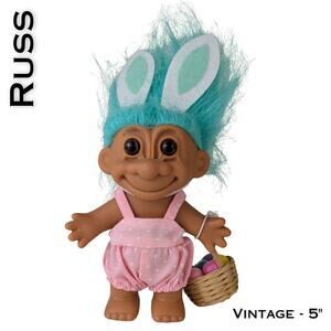 VTG Russ Easter Bunny Troll Doll 4" Girl Blue Hair Easter Egg Basket Pink Romper